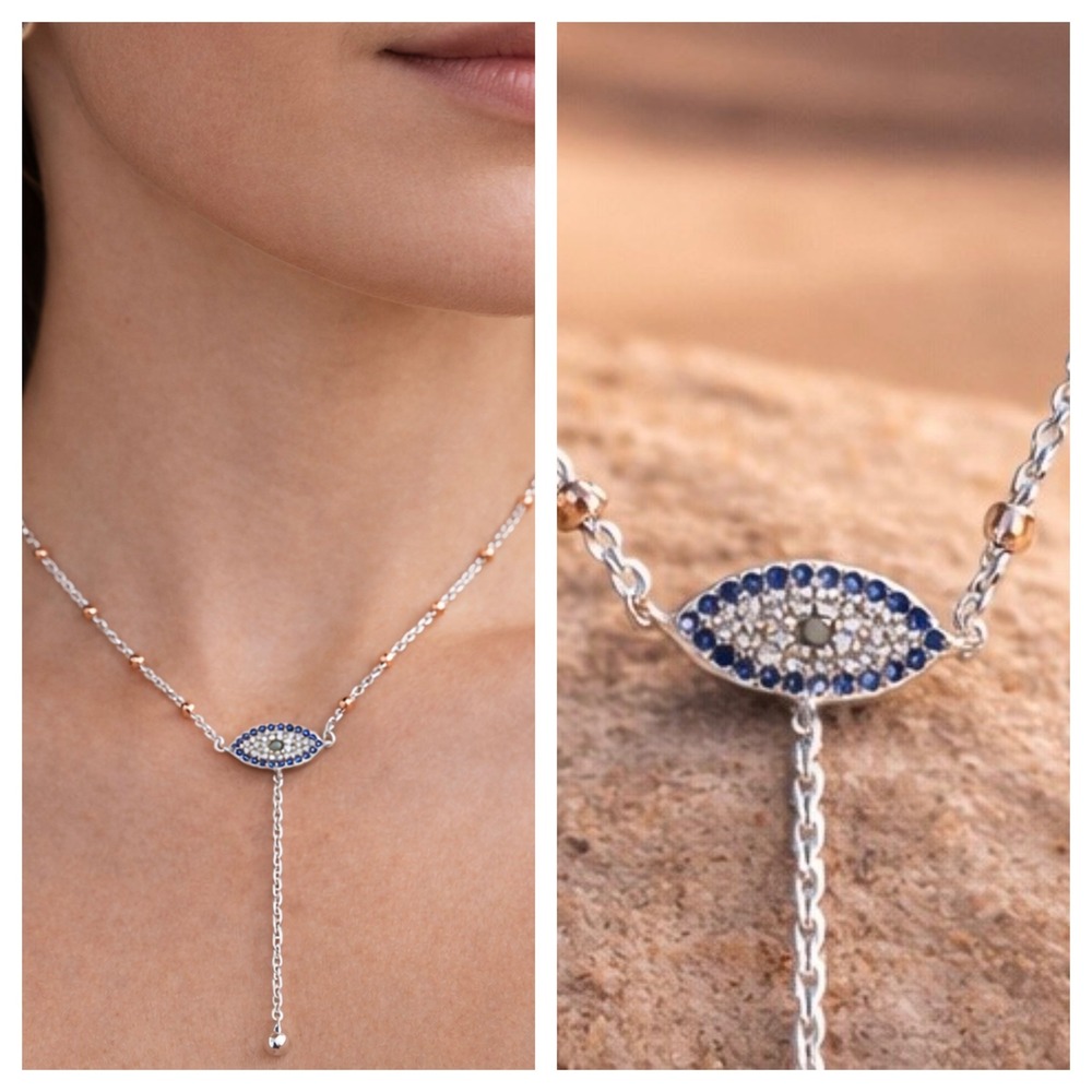 Evil Eye Necklace Y-Drop Lariat Silver-Tone Blue CZ Adjustable Chain Protection - Picture 2 of 8